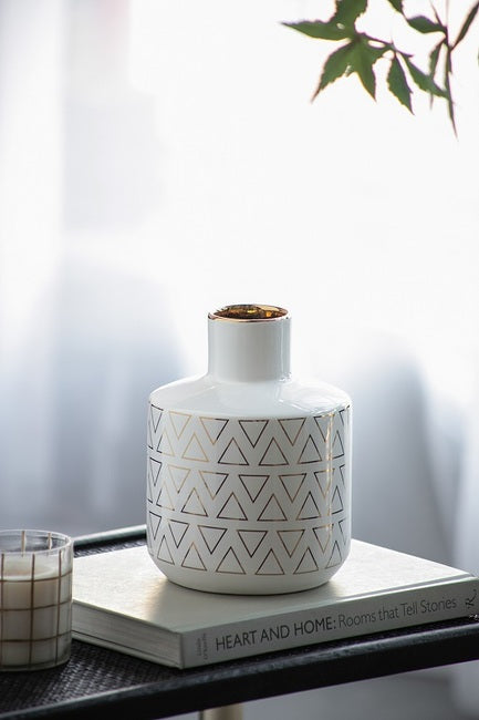 Geo Vase 20 Cms High Indoor/Outdoor. Our Geo Vase Small  With A Gloss White Finish And Gold Trim