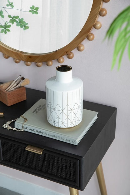 Geo Vase Tall Ceramic 25Cms High Indoor Or Outdoor. Our Geo Vase Small  With A Gloss White Finish And Gold Trim