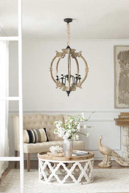 格子模様のラウンドシャビーシックコーヒーテーブル アンティーク調ホワイト