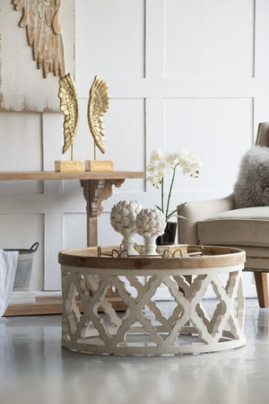 Lattice Round Shabby Chic Coffee Table Distressed White