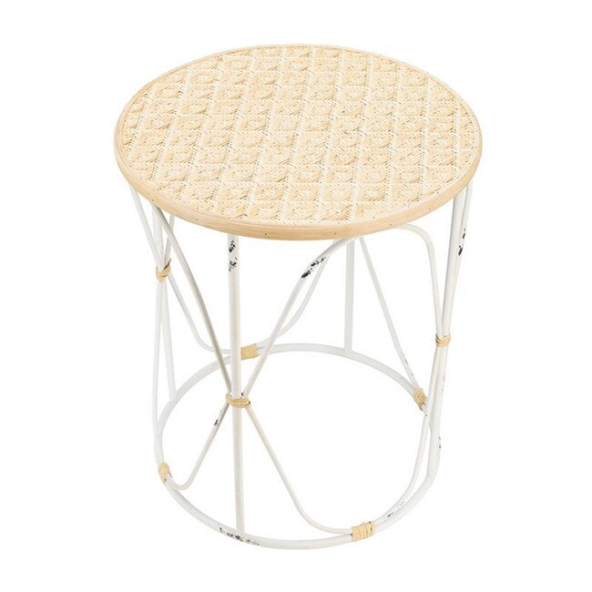 Set of 2 Bamboo Weave/Iron Side Tables Distressed White