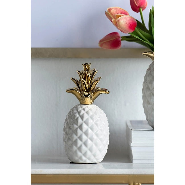 White Pineapple Ornament With A Gold Crown 17Cm. With A Gold Crown