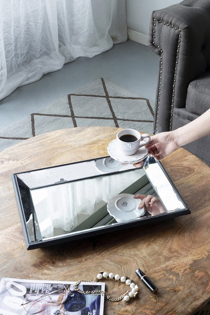 Antique Mirror Rectangular Tray. Reflect Vintage Glamour With This Rectangular Glass Tray With Antiqued Frame
