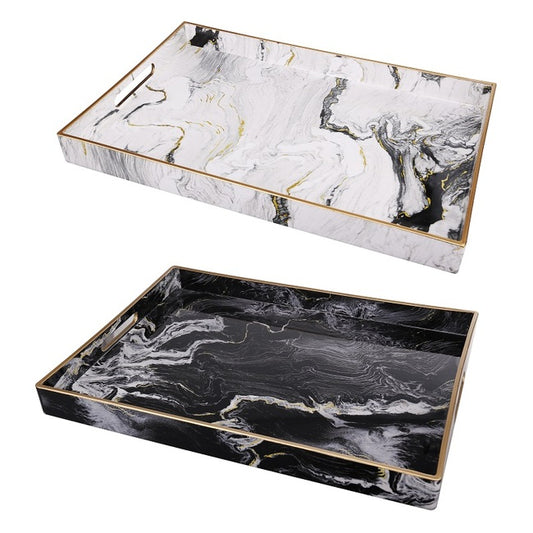 Marble Patterned Black & White Set Of 2 Rectangular Trays. Natural Stone Look.