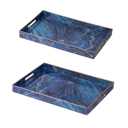 Marble Patterned Blue Set Of 2 Rectangular Trays. Luxurious Look Of Natural Stone With This Set Of 2