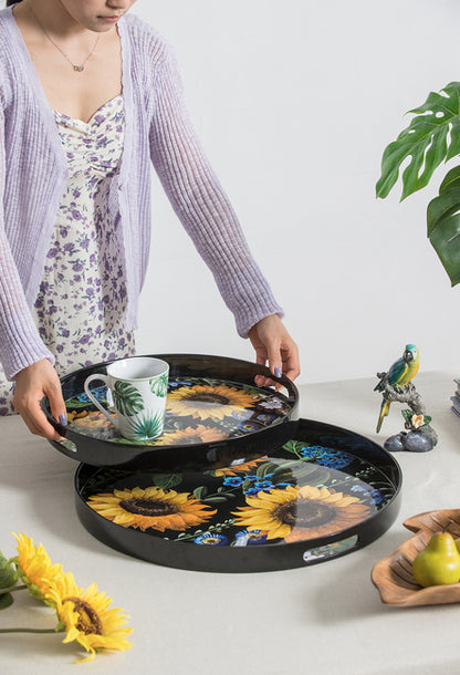 Sunflower Decorative Set Of 2 Round Serving Trays. Hypnotic Patterns Of Sunflowers