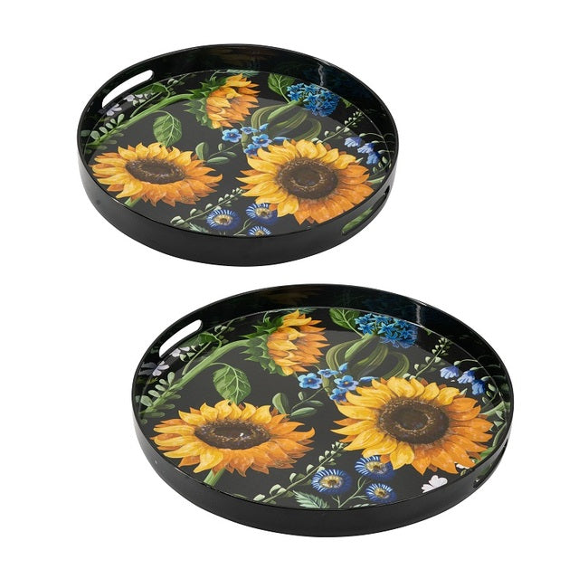 Sunflower Decorative Set Of 2 Round Serving Trays. Hypnotic Patterns Of Sunflowers