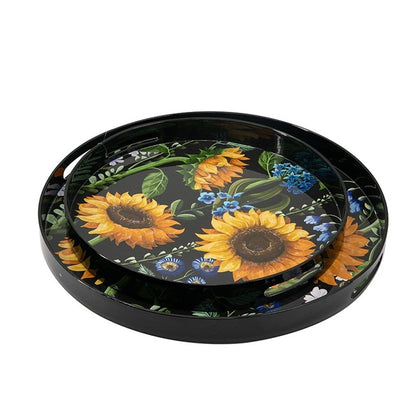 Sunflower Decorative Set Of 2 Round Serving Trays. Hypnotic Patterns Of Sunflowers