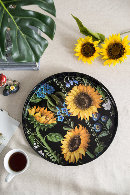 Sunflower Decorative Set Of 2 Round Serving Trays. Hypnotic Patterns Of Sunflowers