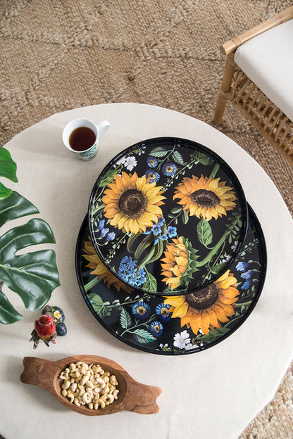 Sunflower Decorative Set Of 2 Round Serving Trays. Hypnotic Patterns Of Sunflowers