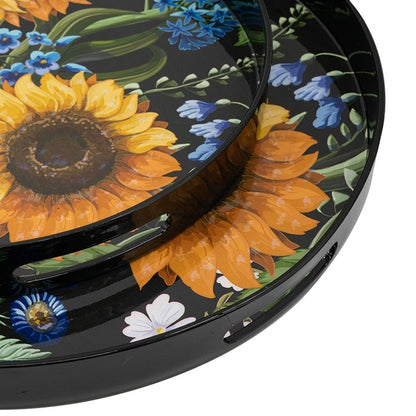Sunflower Decorative Set Of 2 Round Serving Trays. Hypnotic Patterns Of Sunflowers