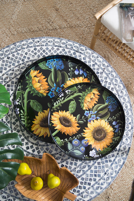 Sunflower Decorative Set Of 2 Round Serving Trays. Hypnotic Patterns Of Sunflowers