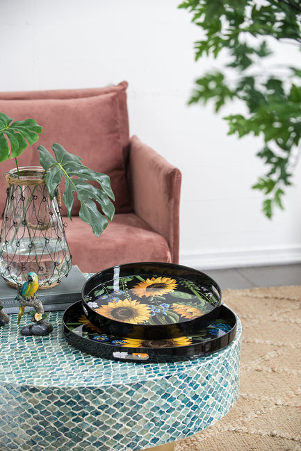 Sunflower Decorative Set Of 2 Round Serving Trays. Hypnotic Patterns Of Sunflowers