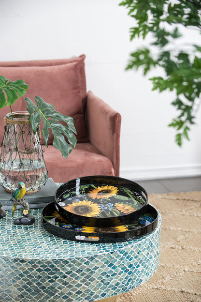Sunflower Decorative Set Of 2 Round Serving Trays. Hypnotic Patterns Of Sunflowers