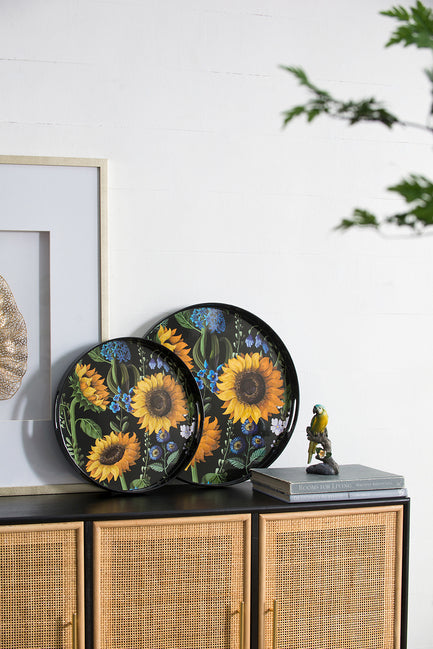 Sunflower Decorative Set Of 2 Round Serving Trays. Hypnotic Patterns Of Sunflowers
