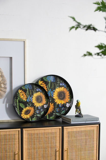 Sunflower Decorative Set Of 2 Round Serving Trays. Hypnotic Patterns Of Sunflowers
