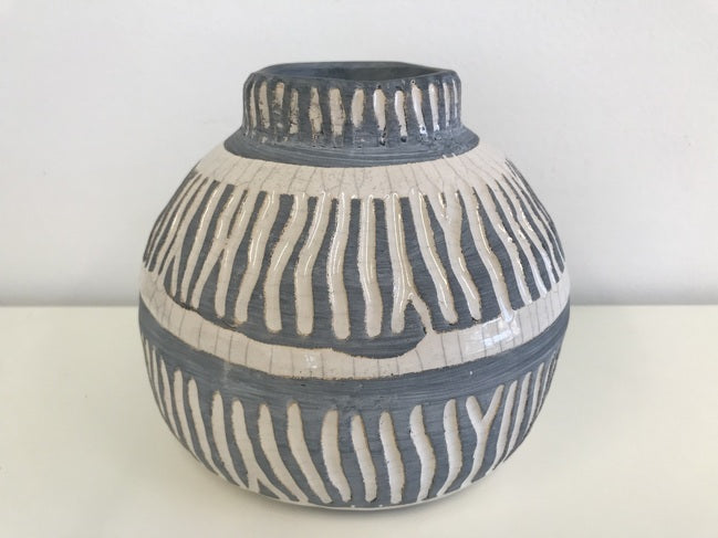 Tan and Black Ceramic Squat Vase