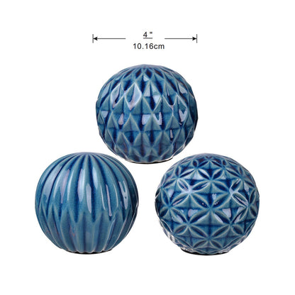 Set Of 3 Blue Marbleized Balls. Ceramic Ball Accents Add A Refined Look To Any Home Or Office
