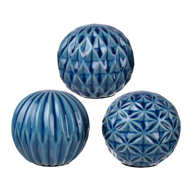 Set Of 3 Blue Marbleized Balls. Ceramic Ball Accents Add A Refined Look To Any Home Or Office