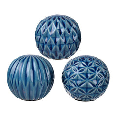 Set Of 3 Blue Marbleized Balls. Ceramic Ball Accents Add A Refined Look To Any Home Or Office