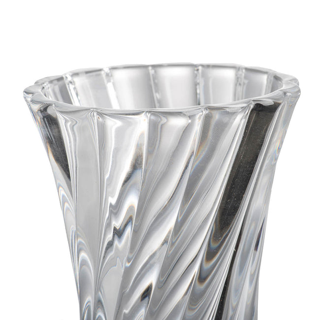 Clear Glass Curved Column Vase 20Cmh. Spiral Pattern That Easily Complements Arrangements Of Foliage And Flowers