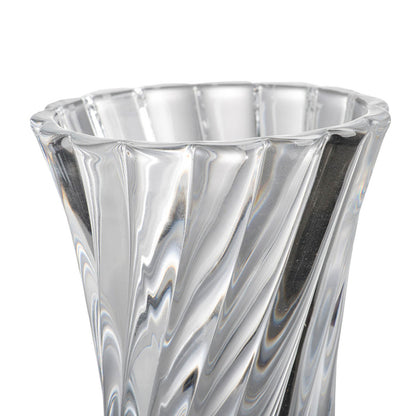 Clear Glass Curved Column Vase 20Cmh. Spiral Pattern That Easily Complements Arrangements Of Foliage And Flowers