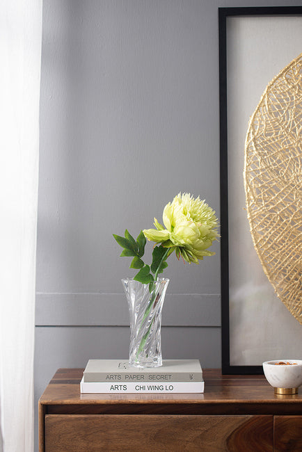 Clear Glass Curved Column Vase 20Cmh. Spiral Pattern That Easily Complements Arrangements Of Foliage And Flowers