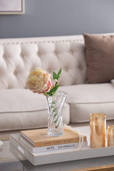 Clear Glass Curved Column Vase 20Cmh. Spiral Pattern That Easily Complements Arrangements Of Foliage And Flowers