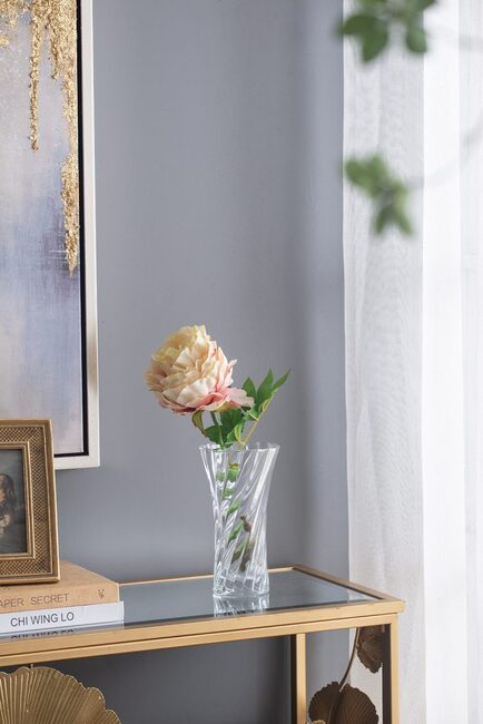 Clear Glass Curved Column Vase 20Cmh. Spiral Pattern That Easily Complements Arrangements Of Foliage And Flowers
