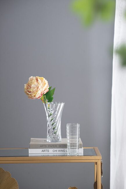 Clear Glass Curved Column Vase 20Cmh. Spiral Pattern That Easily Complements Arrangements Of Foliage And Flowers