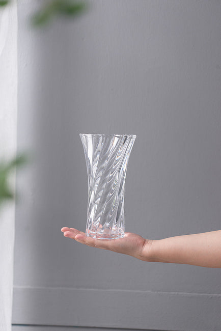 Clear Glass Curved Column Vase 20Cmh. Spiral Pattern That Easily Complements Arrangements Of Foliage And Flowers