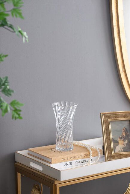 Clear Glass Curved Column Vase 20Cmh. Spiral Pattern That Easily Complements Arrangements Of Foliage And Flowers