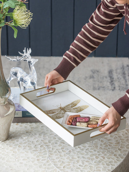 Dragonfly Serving Tray. 40Cm. Printed Gold Dragonfly Motif. Understated Elegance