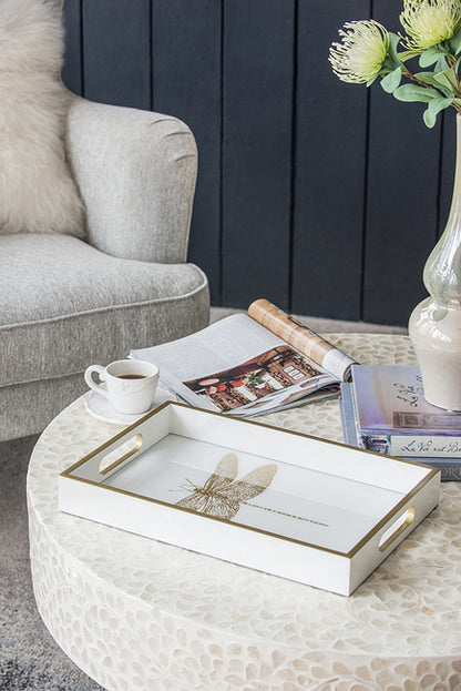 Dragonfly Serving Tray. 40Cm. Printed Gold Dragonfly Motif. Understated Elegance