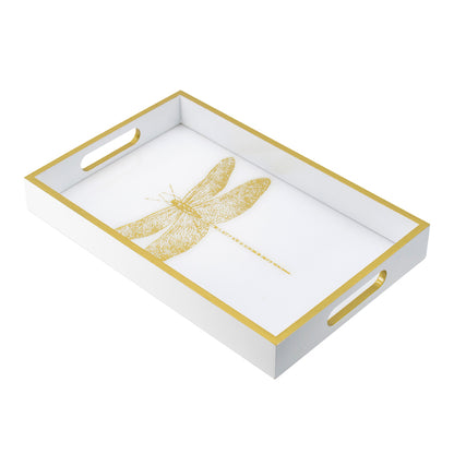 Dragonfly Serving Tray. 40Cm. Printed Gold Dragonfly Motif. Understated Elegance