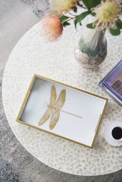 Dragonfly Serving Tray. 40Cm. Printed Gold Dragonfly Motif. Understated Elegance