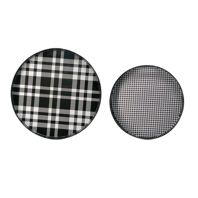 Set Of 2 Black And Grey Plaid Motif Round Trays