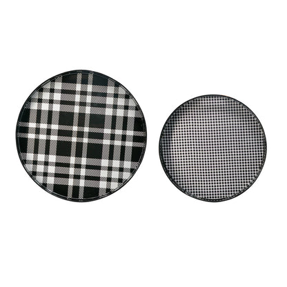 Set Of 2 Black And Grey Plaid Motif Round Trays