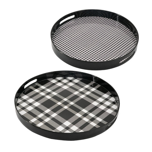 Set Of 2 Black And Grey Plaid Motif Round Trays