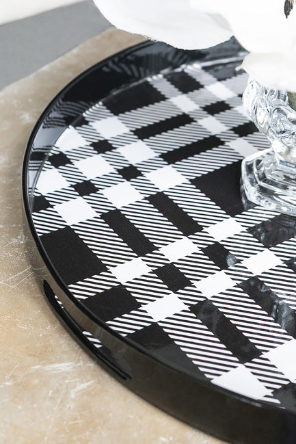 Set Of 2 Black And Grey Plaid Motif Round Trays