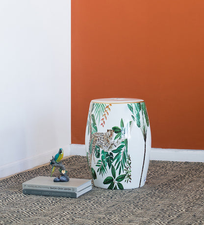 Jungle Themed Ceramic Stool. The Cheetah And Jungle Graphic Play Into The Natural, Bohemian Feel. Used As Either A Stool Or An End Table