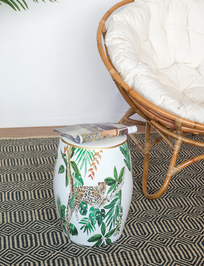 Jungle Themed Ceramic Stool. The Cheetah And Jungle Graphic Play Into The Natural, Bohemian Feel. Used As Either A Stool Or An End Table