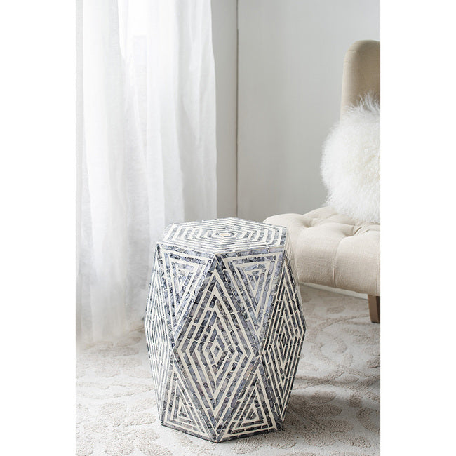 Black & White Hexagon Stool. The Angular Faces Of This Hexagon Pedestal Stool Feature An Exquisite Linear Diamond Design And Capiz Inlay