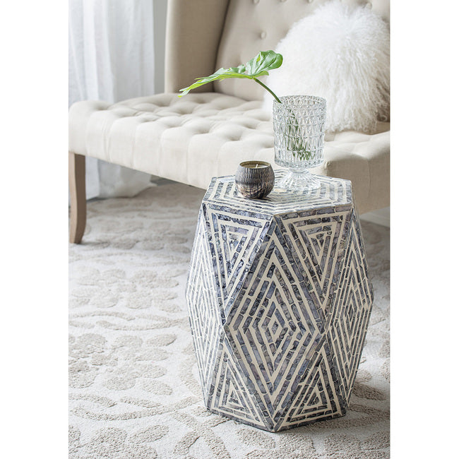 Black & White Hexagon Stool. The Angular Faces Of This Hexagon Pedestal Stool Feature An Exquisite Linear Diamond Design And Capiz Inlay