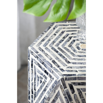 Black & White Hexagon Stool. The Angular Faces Of This Hexagon Pedestal Stool Feature An Exquisite Linear Diamond Design And Capiz Inlay