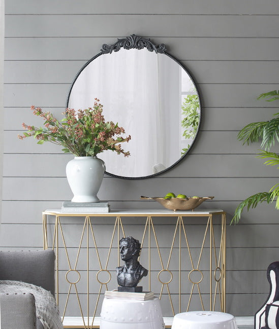 Baroque Black Round Wall Mirror 98Cm. The Black Framing Makes This A Striking Focal Piece. 
