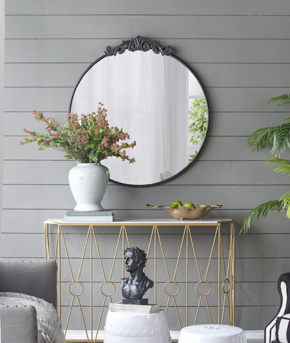 Baroque Black Round Wall Mirror 98Cm. The Black Framing Makes This A Striking Focal Piece. 