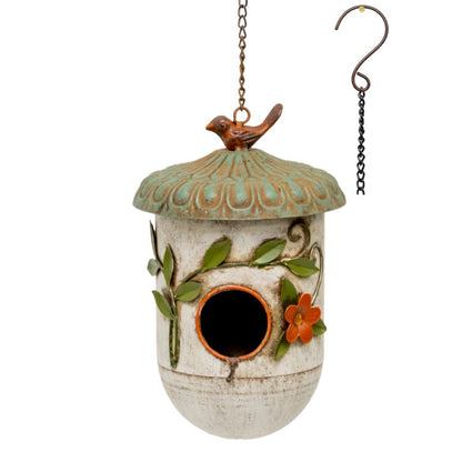 Hanging Birdhouse w/Blue Roof + Perched Bird 17x15.5x38-60cm
