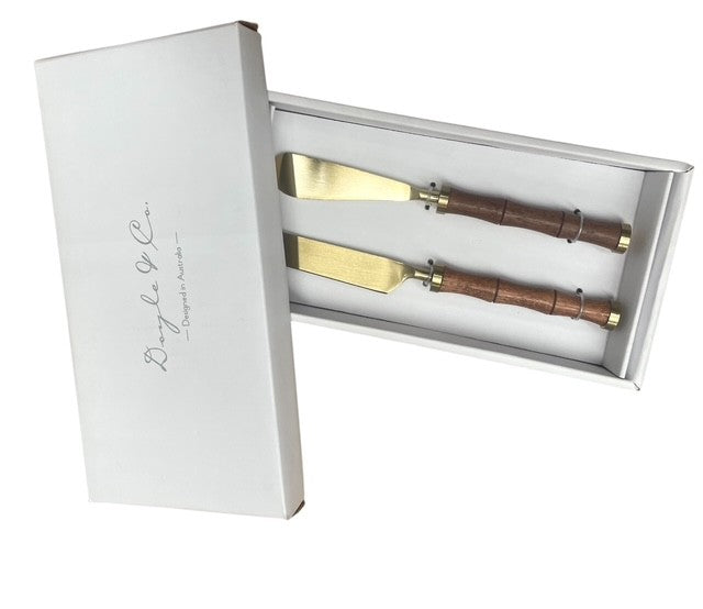 27H Cheese Set Of Two: Gold & Bamboo Handle
