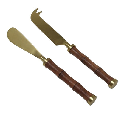 27H Cheese Set Of Two: Gold & Bamboo Handle